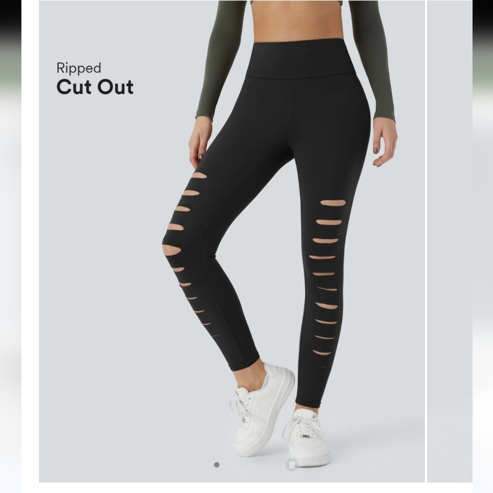 High Waisted Ripped Solid Casual Leggings halara